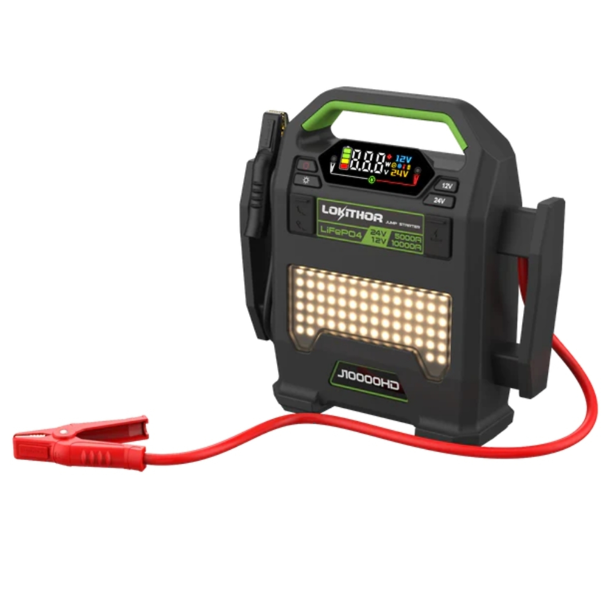 Lokithor – 4 in 1, 10,000 amp 12volt, 4,000 amp 24volt Jump Starter, Heavy Duty, Battery Bank, Flashslight, LiFePO Battery, Model # J10000HD